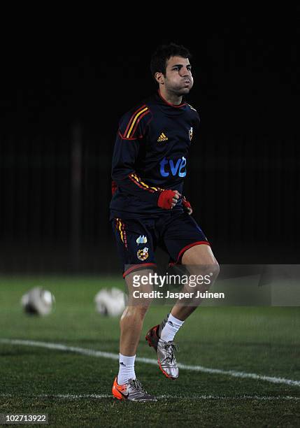 Cesc Fabregas of Spain exercises during a training session, ahead of their World Cup 2010 Final match against the Netherlands, on July 8, 2010 in...