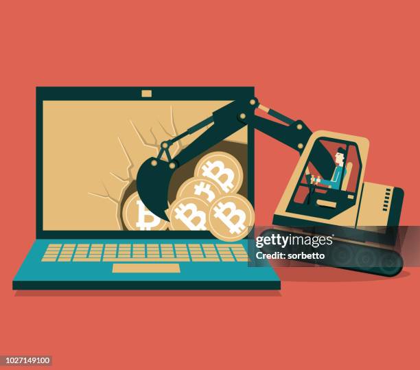 bitcoin mining - using bulldozer - entering data stock illustrations