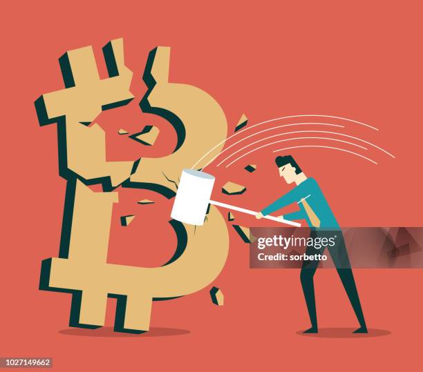 bitcoin symbol being hit with a hammer - negative impact stock illustrations