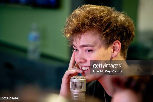 Zach Herron of Why Don't We visits the Elvis Duran Show co hosted by singer Alessia Cara at Z100 Studio on September 5, 2018 in New York City.