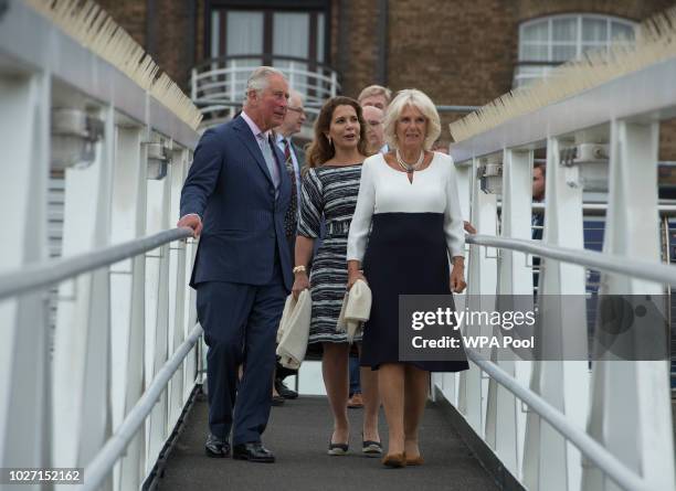 Prince Charles, Prince of Wales and Camilla Duchess of Cornwall with Princess Haya Bint Al Hussein visit the newly refurbished 'Maiden' Yacht on...
