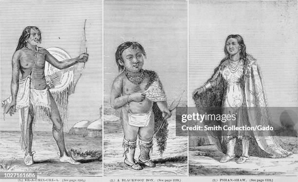 Black and white vintage prints, in three columns: captioned "Ee-a-chin-che-a" aka Red Thunder, a Hidatsa warrior and son of Black Moccasin, wearing...