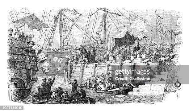 boston tea party 1773 abbildung - boston harbor stock-grafiken, -clipart, -cartoons und -symbole