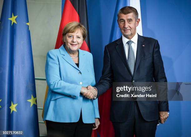 German Chancellor and leader of the German Christian Democrats Angela Merkel welcomes the Prime Minister of the Czech Republic, Andrej Babis, at the...
