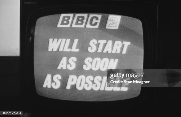 Television screen displaying a message of interruption of programming after the launch of BBC Two channel which says 'BBC 2 will start as soon as...