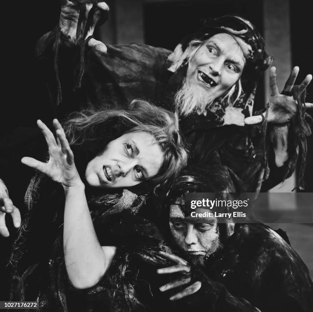 British actresses Coral Atkins , Dennis Coffey and Hilda Fenemore as the three witches starring in the play 'Macbeth' at the Mermaid Theatre, London,...