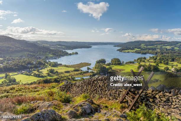 lakeland view of windermere from loughrigg fell. - england stock pictures, royalty-free photos & images