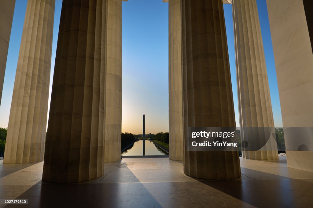 Sunrise Washington Monument Viewed from Lincoln Memorial in Washington DC, USA