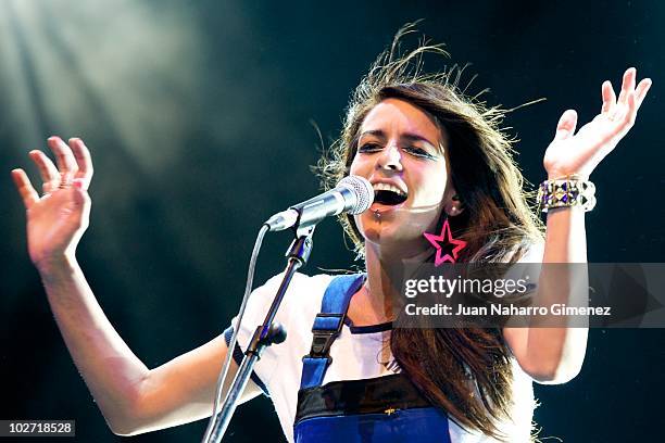 Spanish singer Maria Nieves Rebolledo, aka Bebe, performs in concert during 'Veranos de la Villa' festival at Escenario Puerta del Angel on July 8,...