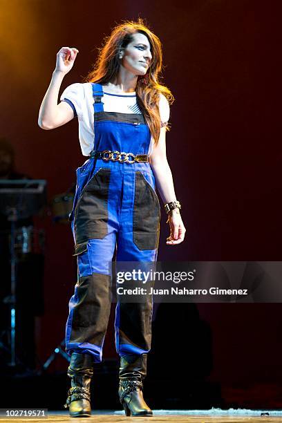 Spanish singer Maria Nieves Rebolledo, aka Bebe, performs in concert during 'Veranos de la Villa' festival at Escenario Puerta del Angel on July 8,...