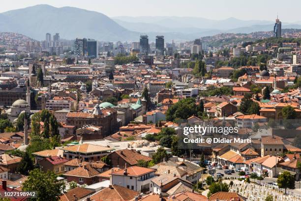 sarajevo old town from the nearby hills in bosnia and herzegovina - sarajevo stock pictures, royalty-free photos & images