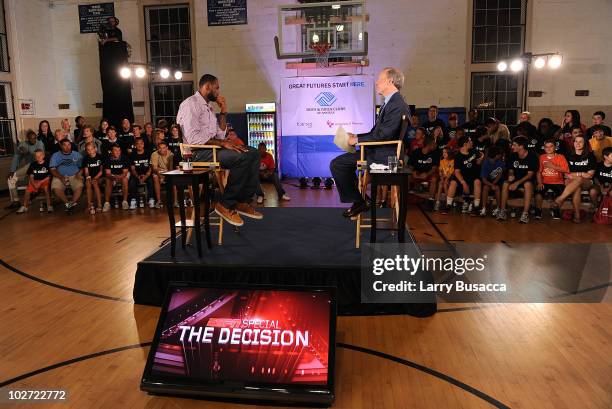 LeBron James and ESPN's Jim Gray speak at the LeBron James announcement of his future NBA plans at the Boys & Girls Club of America on July 8, 2010...