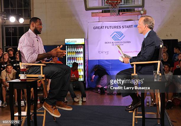 LeBron James and ESPN's Jim Gray speak at the LeBron James announcement of his future NBA plans at the Boys & Girls Club of America on July 8, 2010...