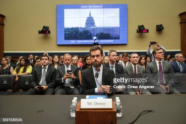 Twitter chief executive officer Jack Dorsey takes his seat as he arrives for a House Committee on Energy and Commerce hearing about Twitter's...
