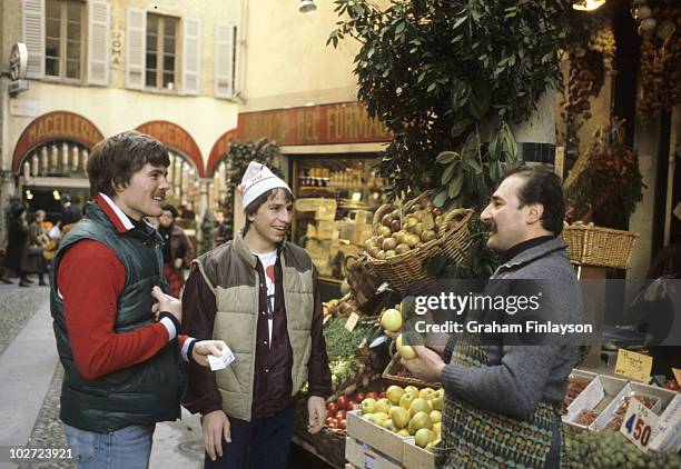 Portrait of former USA players John Harrington and Mark Pavelich at street market. They are teammates in Swiss League. Lugano, Switzerland CREDIT:...