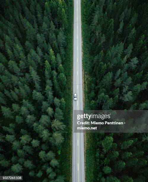 aerial view of a long straight of a country road in the middle of a forest in finland - aerial view photos fotografías e imágenes de stock