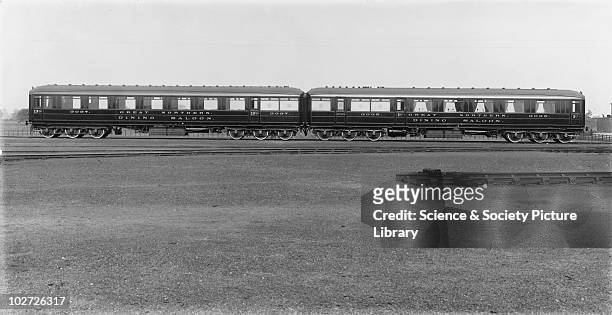 Great Northern Railway 1st and 3rd class dining cars, 1906. Great Northern Railway 1st and 3rd class dining cars vehicle nos. 3025 and 3037, 26...
