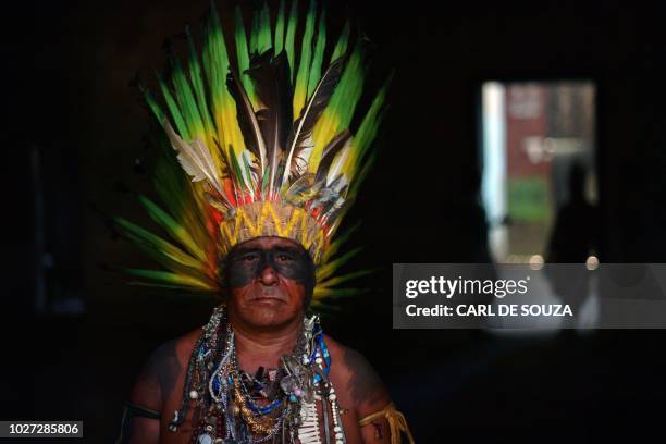 Native Korubo Isolado, from the Brazilian state of Acre, poses at the abandoned and crumbling Indian Museum complex, near the National Museum where...