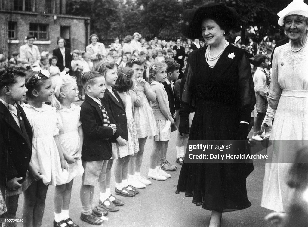 The Queen Mother visiting Peterborough School, Fulham, London, 17 July 1952."