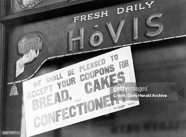 Poster concerning ration coupons, 18 July 1946. We shall be pleased to accept your coupons for bread, cakes and confectionary. Thank you'. It is...