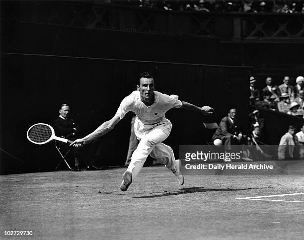 Tennis player Fred Perry in action during Wimbledon, 5 July 1935. " During his professional career, Fred Perry won every major amateur title,...