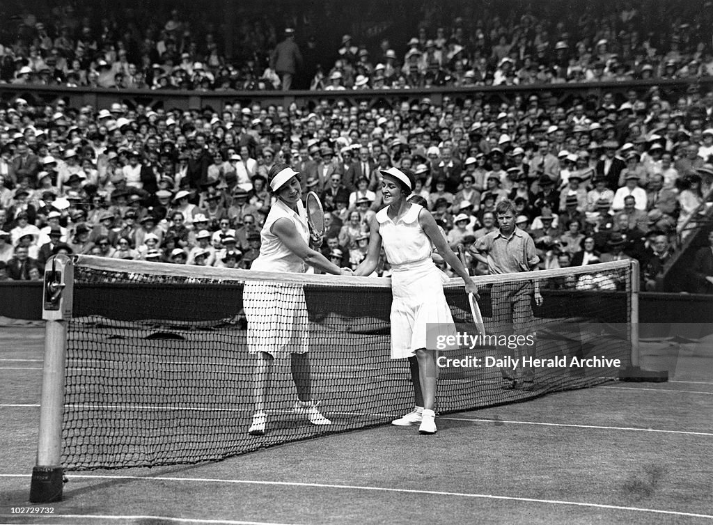 Tennis players Helen Wills Moody and Joan Hartigan at Wimbledon, 1935.
