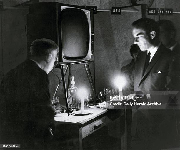Power cut during the launch of BBC 2, 21 April 1964. 'BBC's big opening night was blacked out because a power failure at Battersea power station...