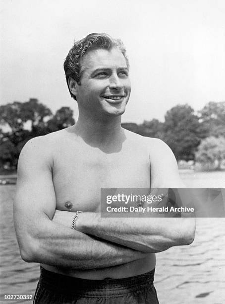 Lex Barker, film star, 25 June 1950. 'Lex Barker from Hollywood, dropped into Hyde Park this morning for a swim in London's Lido.' Barker was best...