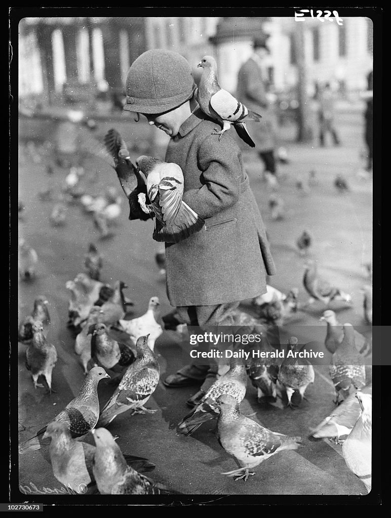 Child with pigeons in Trafalgar Square, London, 7 December 1934.