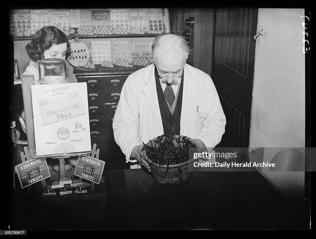 Pharmacist holding a bowl of leeches, 23 January 1935.