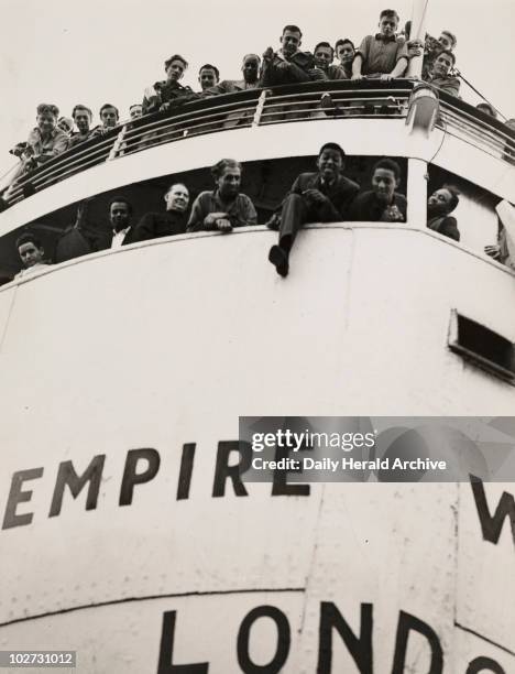 The 'Empire Windrush' arriving from Jamaica, 1948. A photograph of the 'Empire Windrush' docked at Tilbury, having sailed from Australia via Jamaica,...