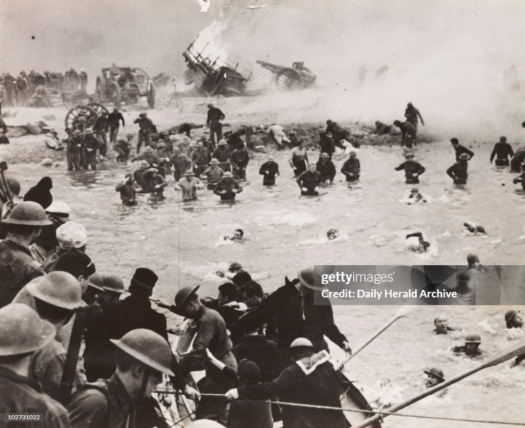 British troops on the beach at Dunkirk, film reconstruction, 30 August 1941.