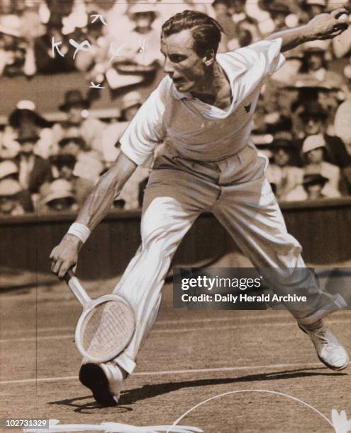 Fred Perry during tennis match at Wimbledon, by Edward Malindine. Fred Perry during tennis match at Wimbledon, by Edward Malindine