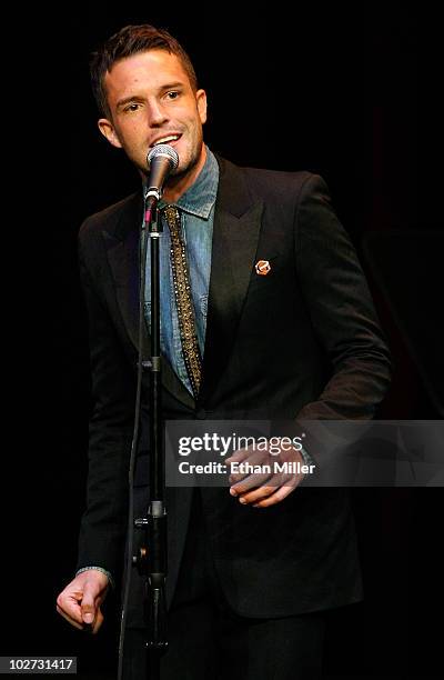 Singer Brandon Flowers of the band The Killers performs during a campaign rally for U.S. Senate Majority Leader Harry Reid at the Aria Resort &...