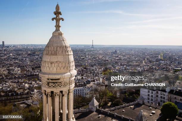 view over paris, eiffel tower, montparnasse tower, from the top of the sacré-coeur basilica paris, france. - montparnasse stock pictures, royalty-free photos & images