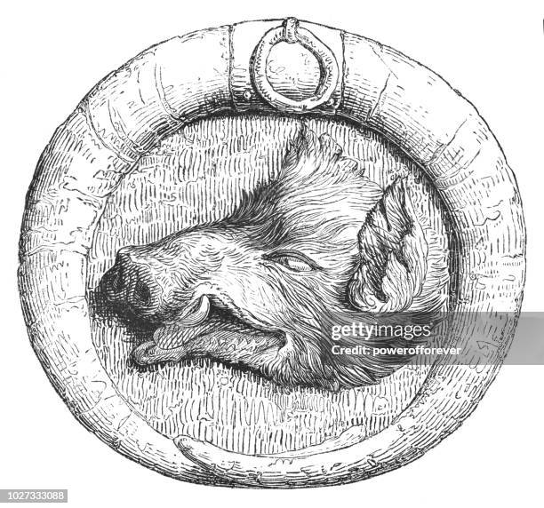 original 1537 boar's head tavern sign - medieval frame stock illustrations