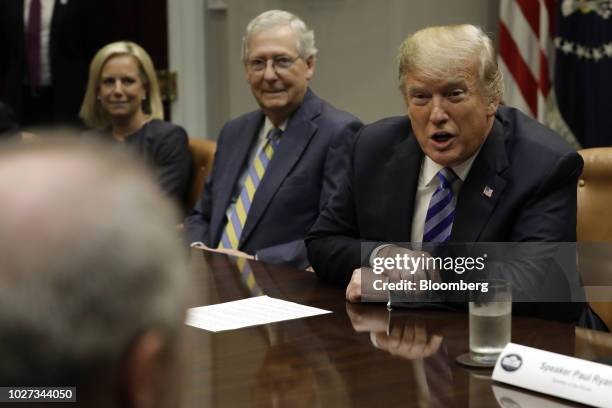 President Donald Trump, right, speaks during a meeting with Republican Congressional Leadership in the Roosevelt Room of the White House in...