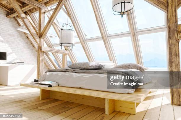 scandinavian style loft bedroom interior - midsummer scandinavia stock pictures, royalty-free photos & images