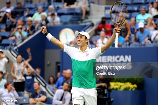 Kei Nishikori of Japan celebrates match point during his men's singles quarter-final match against Marin Cilic of Croatia on Day Ten of the 2018 US...