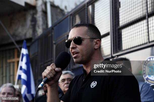 Golden Dawn lawmaker Ilias Kasidiaris speaks during a rally against the construction of a mosque in central Athens on September 5, 2018.