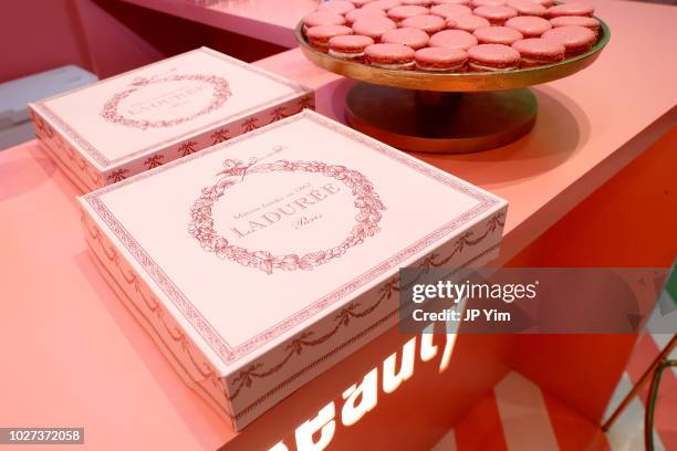 View of the Laduree baked goods boxes and dessert during the Vital Proteins Launches Feed Your Beauty Popup Store in Soho NYC on September 5, 2018 in...