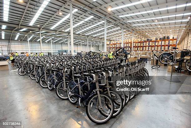 Fleet of bicycles which are to be used in London's new cycle hire scheme undergo their finishing touches on July 9, 2010 in London, England. The...