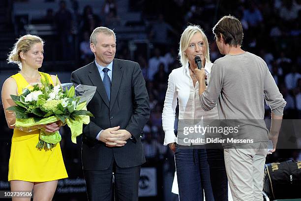 Kim Clijsters, Prime Minister Yves Leterme and Martina Navratilova at end of the Kim Clijsters and Serena Williams Tennis Match at King Baudouin...