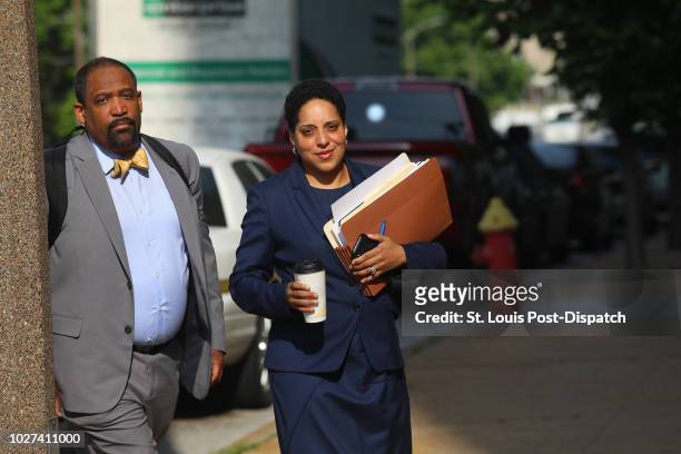 St. Louis Circuit Attorney Kim Gardner, right, and Ronald Sullivan, a Harvard law professor, arrive at the Civil Courts building on May 14, 2018.