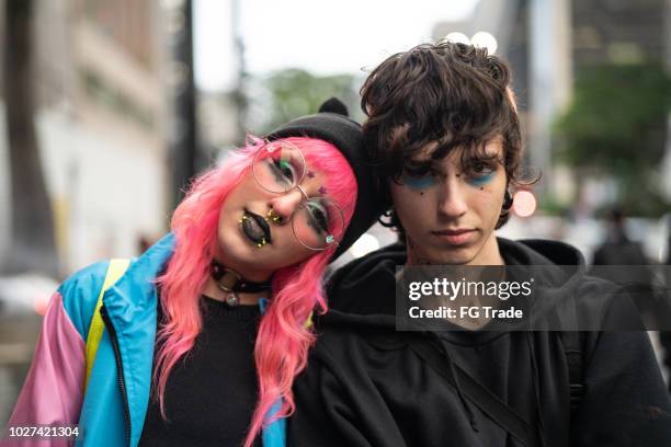 alternative lifestyle young friends portrait - goth stock pictures, royalty-free photos & images