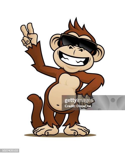 illustrazioni stock, clip art, cartoni animati e icone di tendenza di personaggio scimmia felice con occhiali da sole che mostrano il segno a v - scimmia