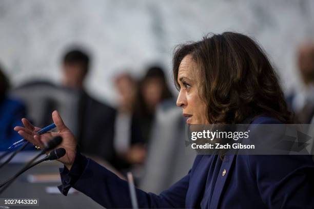 Sen. Kamala Harris questions Supreme Court Nominee Brett Kavanaugh during the second day of his Supreme Court confirmation hearing on Capitol Hill...