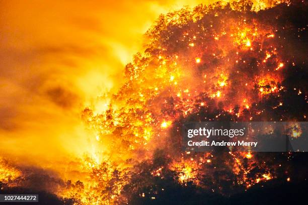 aerial view of fire, forest fire, bushfire in valley, blue mountains, australia - protuberanz stock-fotos und bilder