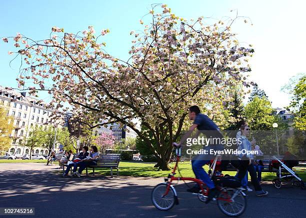 People in the English Garden , a recreational park on Lake Geneva and the yachting harbour on April 28, 2010 in Geneva, Switzerland. Geneva is the...