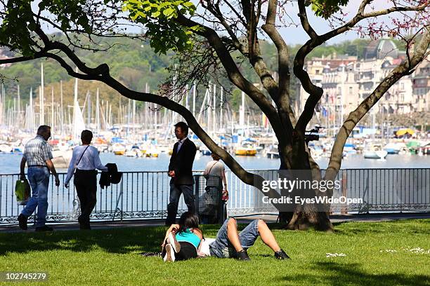 Recreational park on Lake Geneva with the yachting harbour on April 28, 2010 in Geneva, Switzerland. Geneva is the capital of the Republic and Canton...